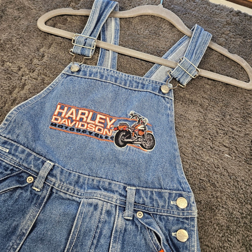 Harley Davidson Denim Overalls Kids Size 7 Blue Vintage Rugged Cargo Bibs